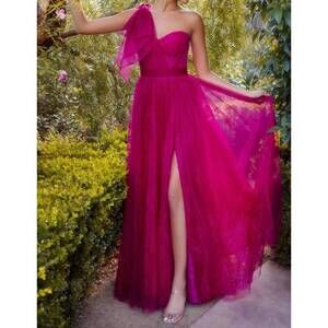 NEW LADIVINE one shoulder chantilly lace gown in magenta